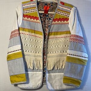 V Christina Boho Linen Jacket 70’s Fringe Prairie Lagenlook Artsy Grannie M, Y2K